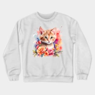 A cat decorated with beautiful colorful flowers in a watercolor illustration. Crewneck Sweatshirt